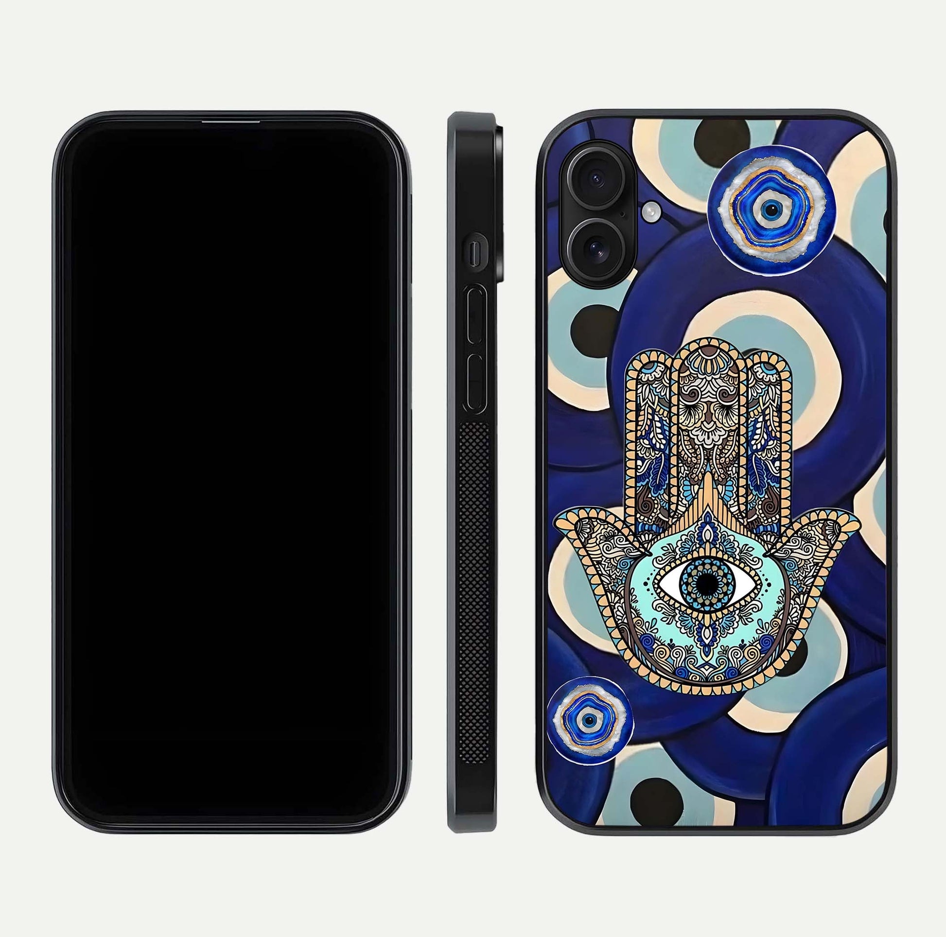 Hamsa Divine Guard Glass Case for iPhone 16 Plus front and back view layout highlighting spiritual artwork and smooth edges