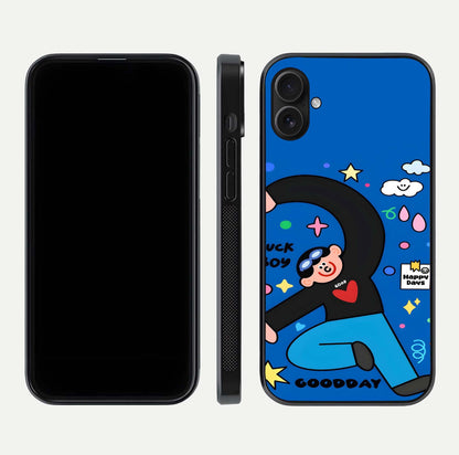 Happy Luck Vibe Glass Case for iPhone 16 Plus front and back view layout highlighting positive motif and curved edges