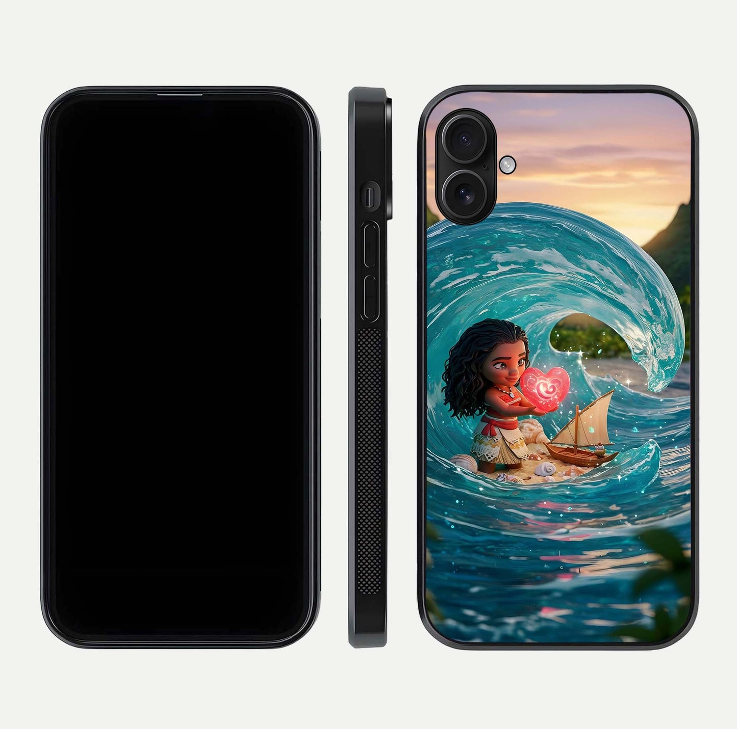 Heart of Ocean Glass Case for iPhone 16 Plus front and back view layout highlighting sea-themed art and curved glass edges