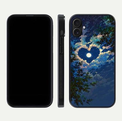 Heart with Moon Sky Glass Case for iPhone 16 Plus front and back view layout displaying celestial tones and curved glass