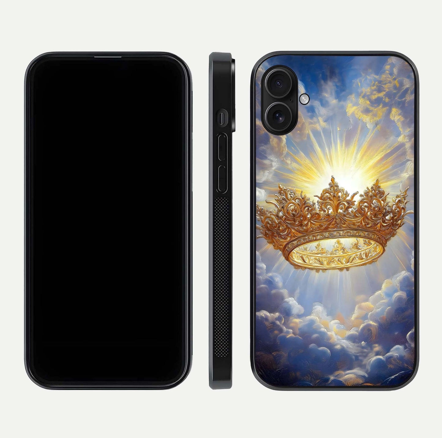 Heavenly Crown Light Glass Case for iPhone 16 Plus front and back view layout highlighting golden aura tones and curved glass edges
