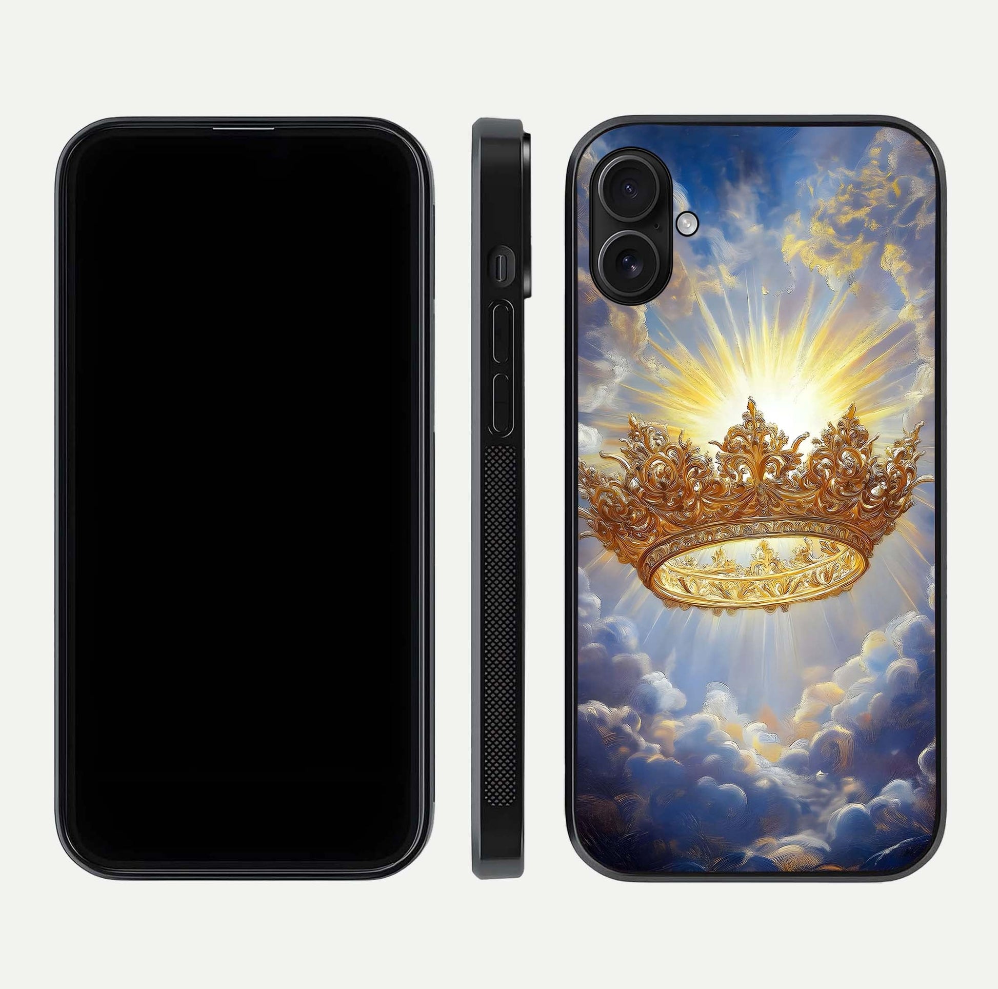 Heavenly Crown Light Glass Case for iPhone 16 Plus front and back view layout highlighting golden aura tones and curved glass edges