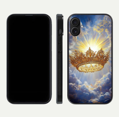 Heavenly Crown Light Glass Case for iPhone 16 Plus front and back view layout highlighting golden aura tones and curved glass edges