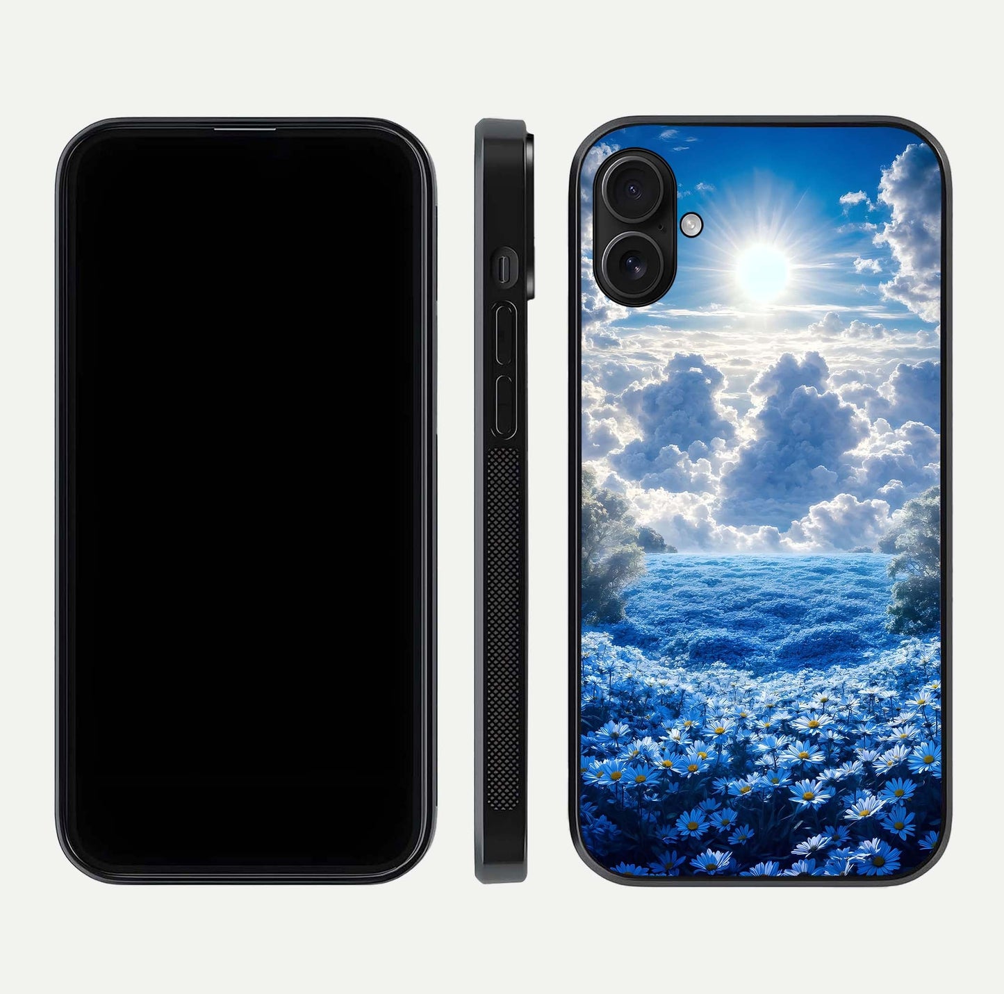 Heavenly Daisy Horizon Glass Case for iPhone 16 Plus front and back view layout highlighting floral field tones and curved edges
