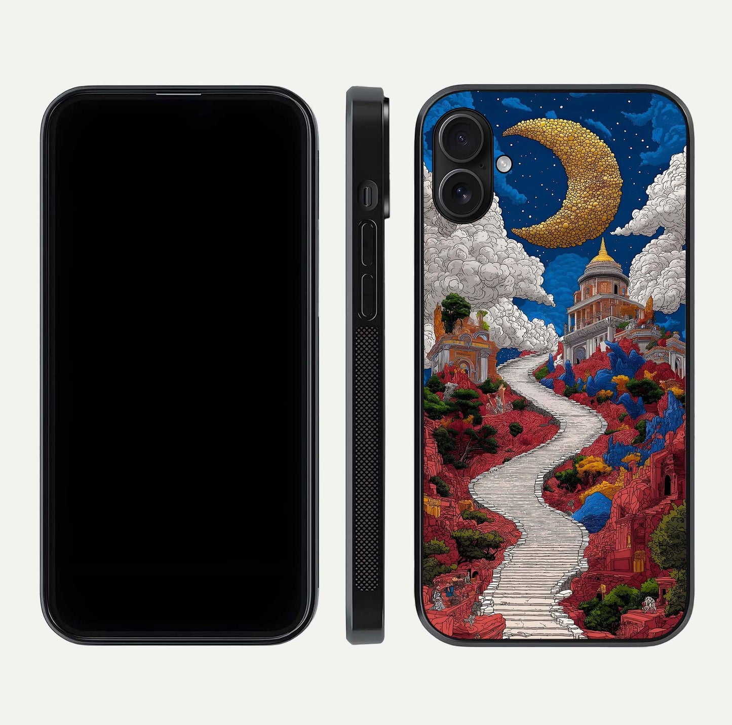 Heavenly Moon Path Glass Case for iPhone 16 Plus front and back view layout displaying night sky tones and curved glass edges