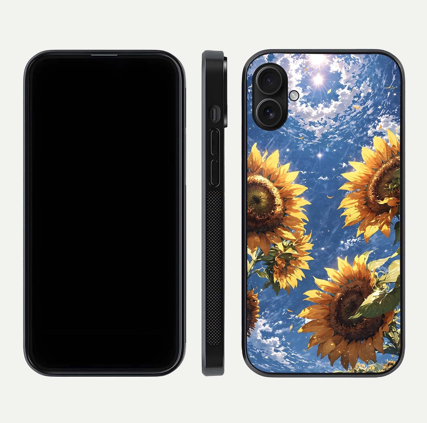 Heavenly Sunflower Rise Glass Case for iPhone 16 Plus front and back view layout highlighting golden floral tones and curved edges