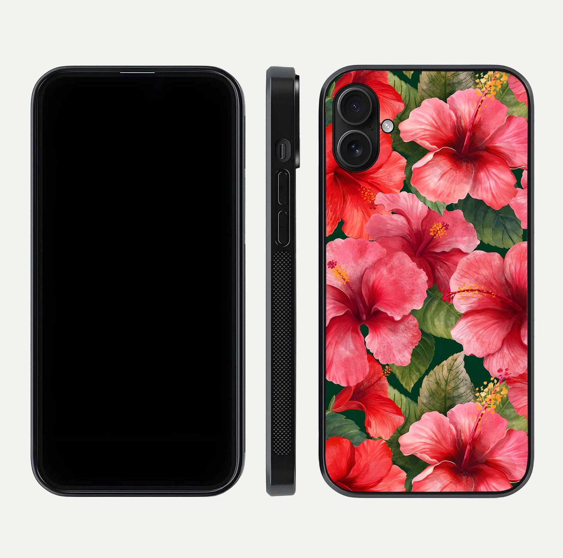 Hibiscus Pattern Glass Case for iPhone 16 Plus front and back view layout highlighting tropical design and curved glass edges
