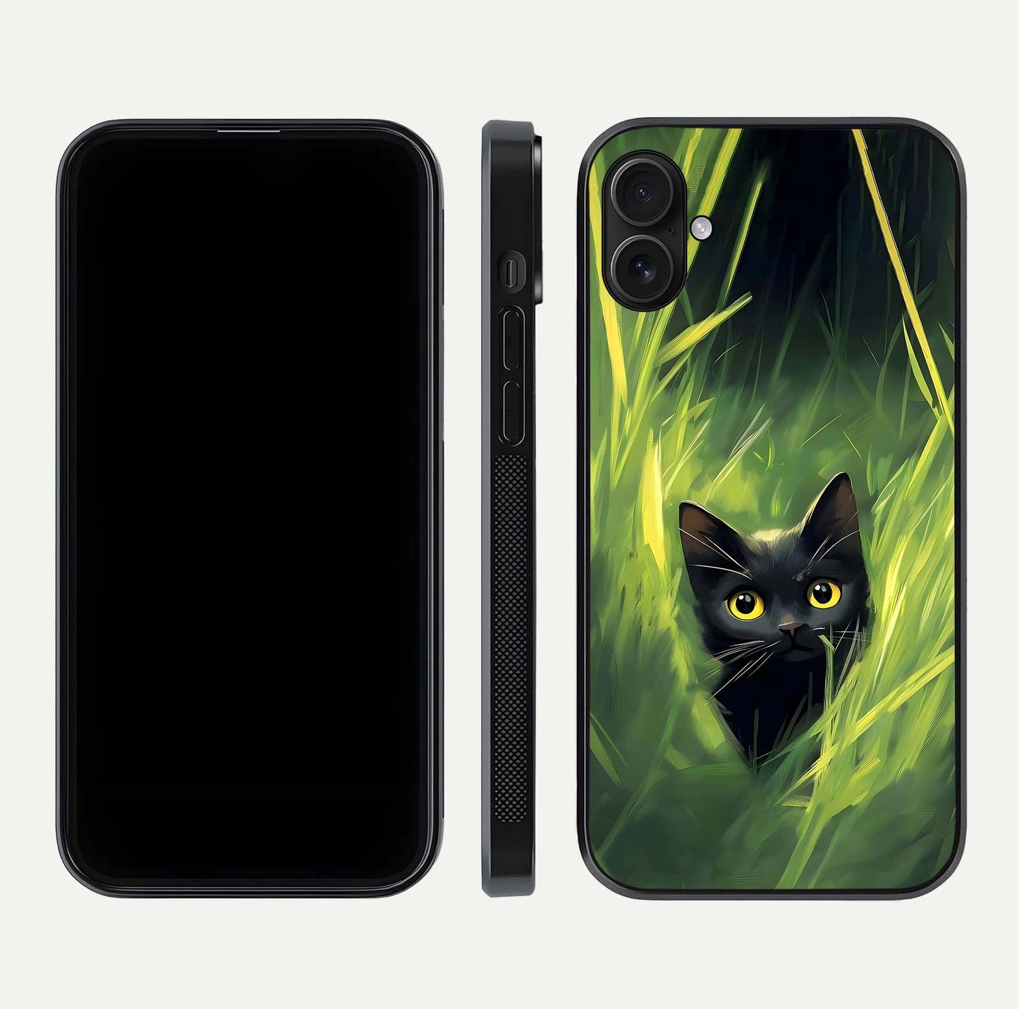 Hidden Cat Whisper Glass Case for iPhone 16 Plus front and back view layout highlighting minimalist art and curved edges
