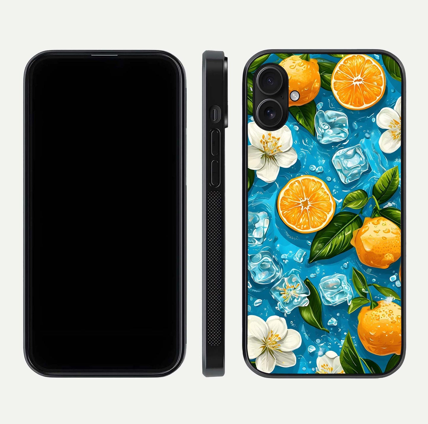 Ice Cube With Orange Glass Case for iPhone 16 Plus front and back view layout highlighting fresh orange tones and curved edges