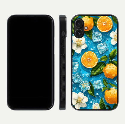 Ice Cube With Orange Glass Case for iPhone 16 Plus front and back view layout highlighting fresh orange tones and curved edges