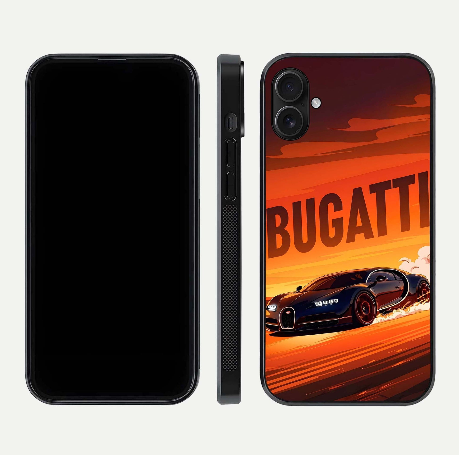Inferno Bugatti Storm Glass Case for iPhone 16 Plus front and back view layout highlighting car silhouette and curved glass edge