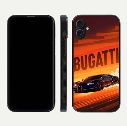 Inferno Bugatti Storm Glass Case for iPhone 16 Plus front and back view layout highlighting car silhouette and curved glass edge