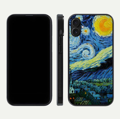 Inspired Van Gogh Art Glass Case for iPhone 16 Plus front and back view layout displaying vivid color tones and curved glass edges
