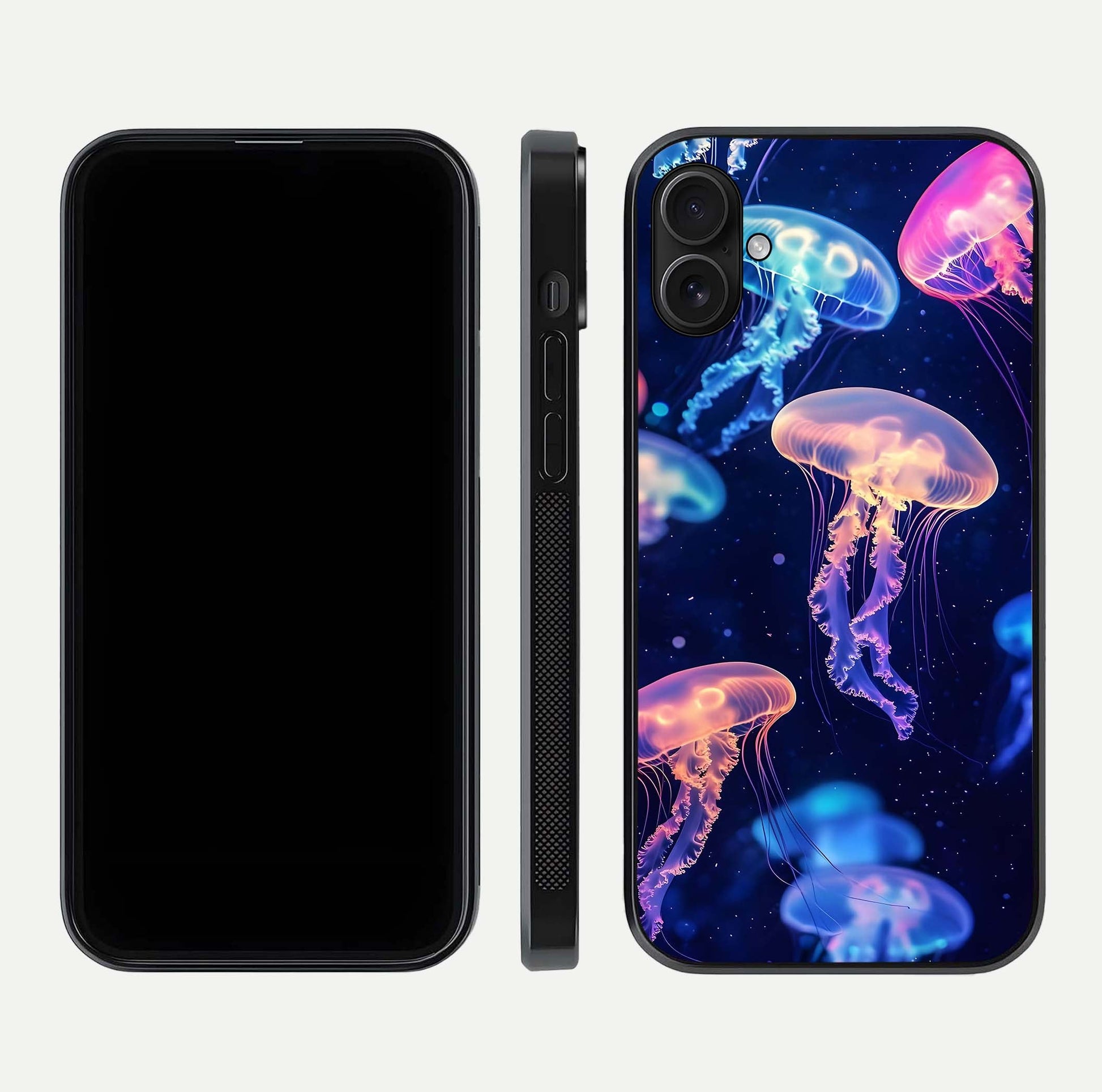 Jellyfish Pattern Glass Case for iPhone 16 Plus front and back view layout highlighting aquatic tones and curved edges