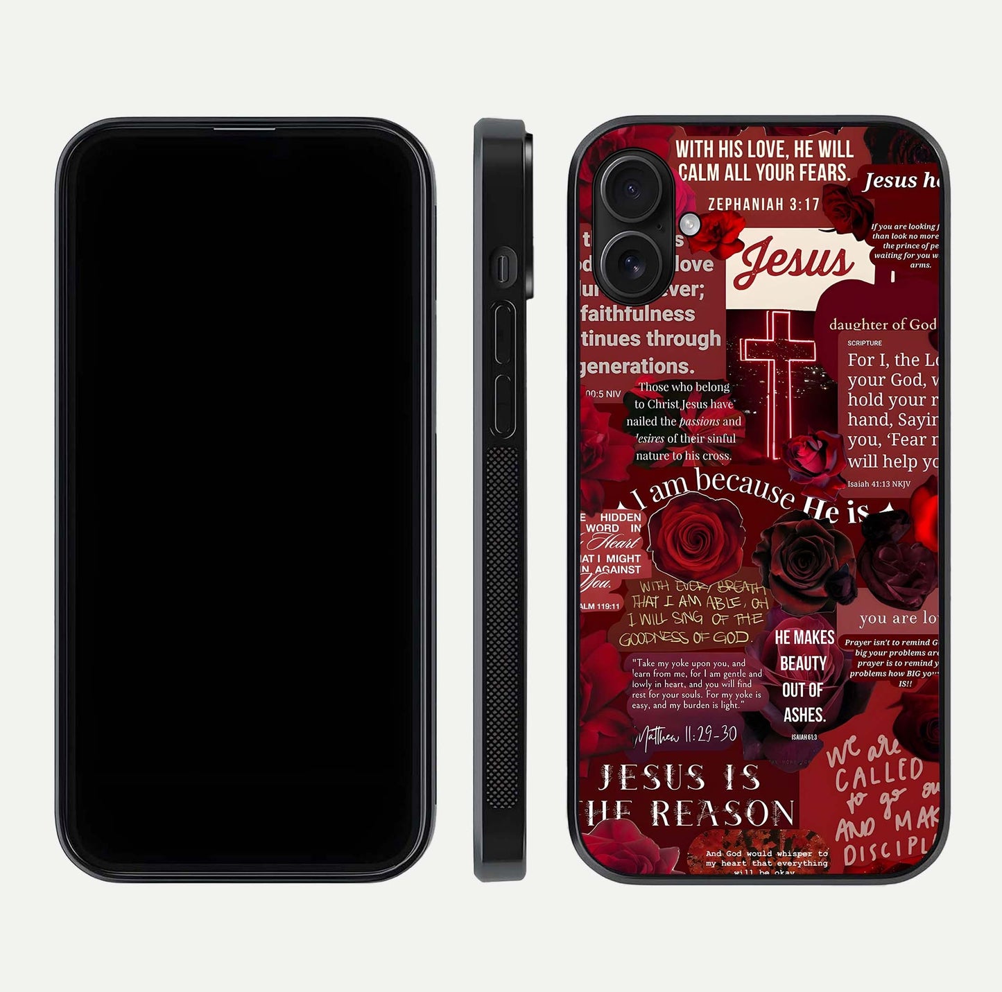 Jesus Love Heals Glass Case for iPhone 16 Plus front and back view layout with elegant typography and smooth edges