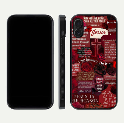 Jesus Love Heals Glass Case for iPhone 16 Plus front and back view layout with elegant typography and smooth edges