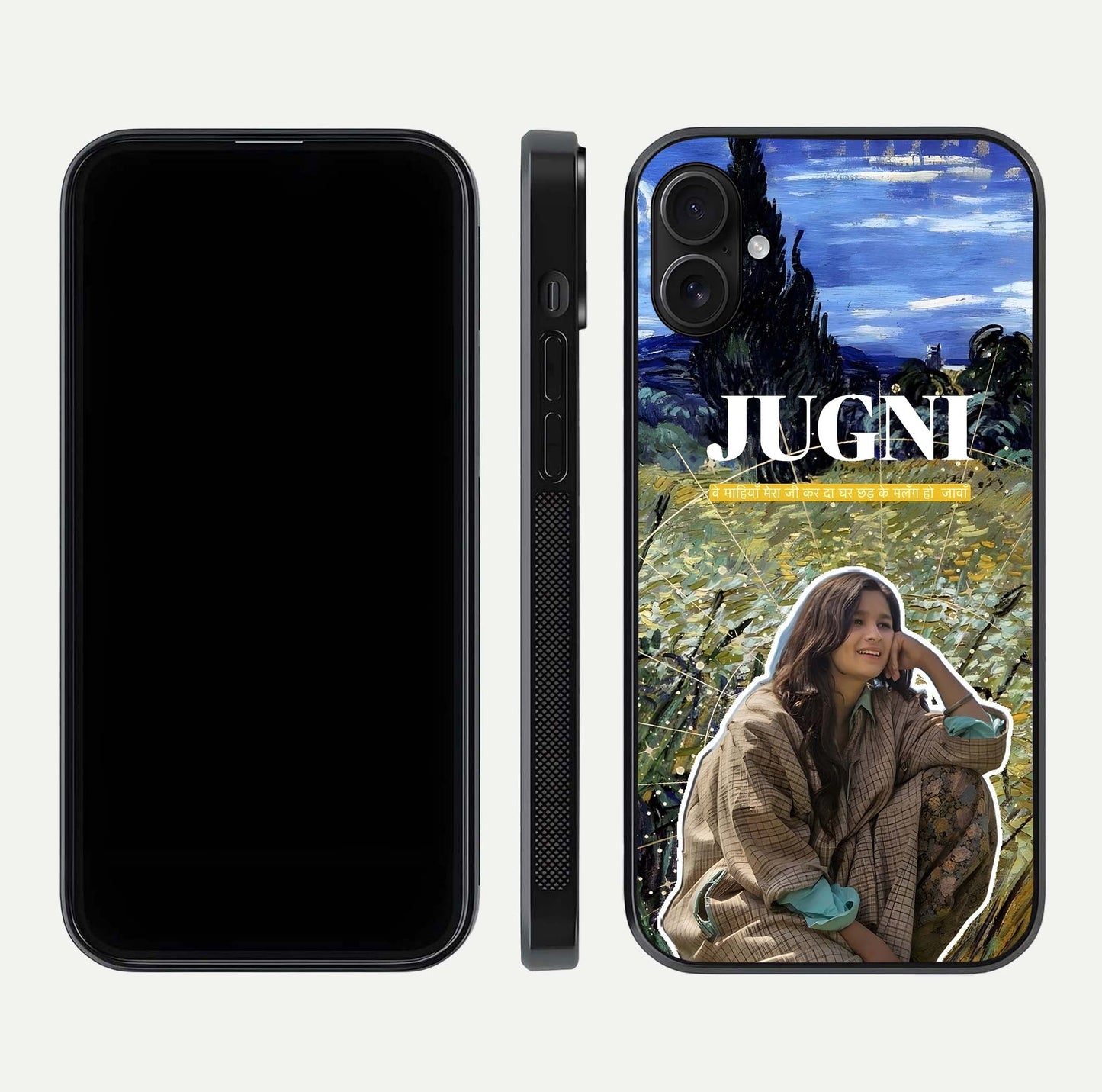 Jugni Soul Vibes Glass Case for iPhone 16 Plus front and back view layout highlighting desi art and curved glass edges