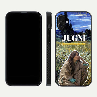 Jugni Soul Vibes Glass Case for iPhone 16 Plus front and back view layout highlighting desi art and curved glass edges