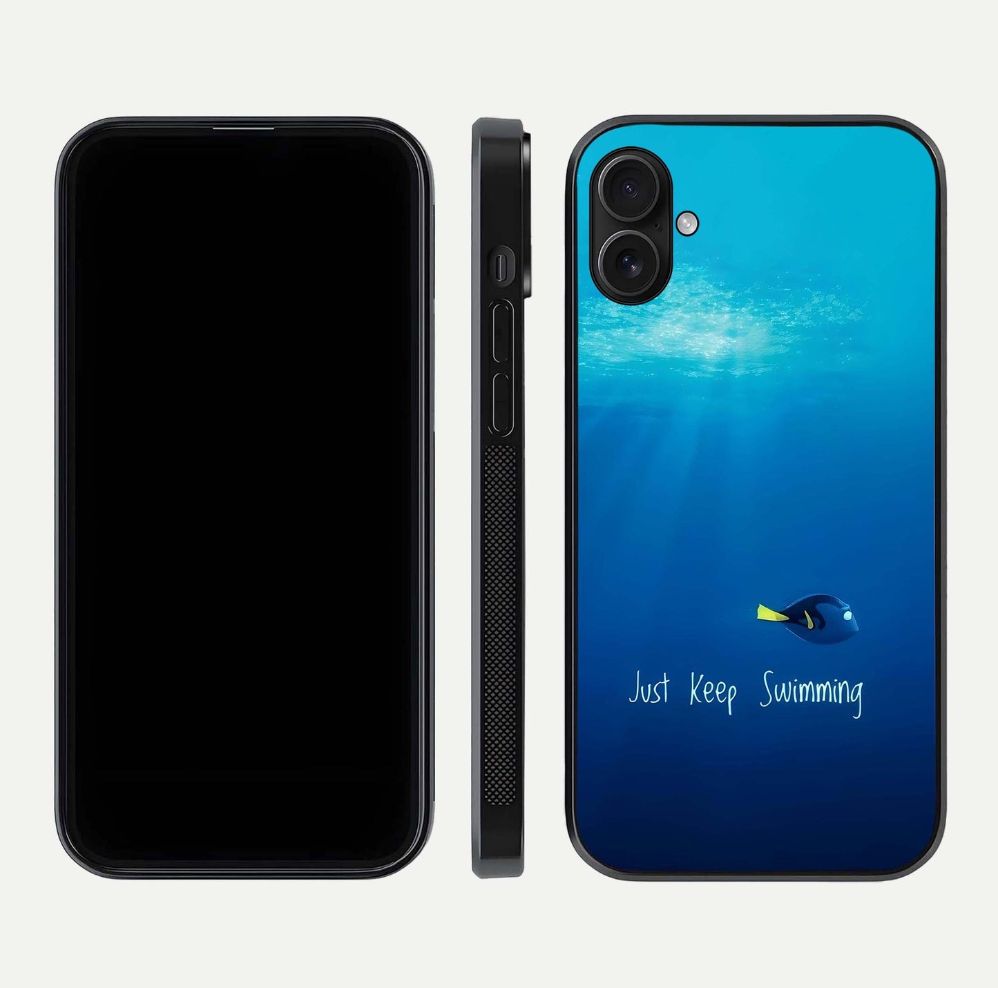 Just Keep Swimming Glass Case for iPhone 16 Plus front and back view layout with smooth glass edges and HD text clarity