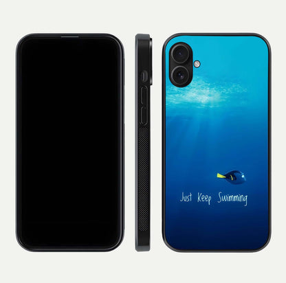 Just Keep Swimming Glass Case for iPhone 16 Plus front and back view layout with smooth glass edges and HD text clarity