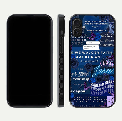 Kingdom Faith Glow Glass Case for iPhone 16 Plus front and back view layout highlighting radiant spiritual design