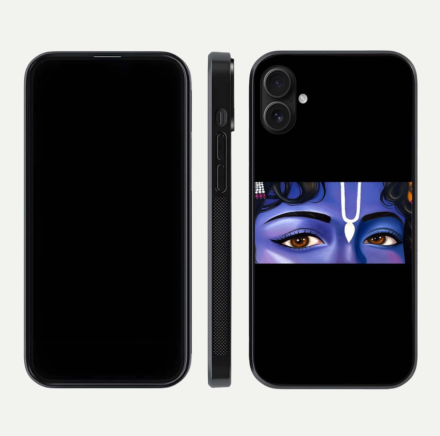 Krishna Eye Glass Case for iPhone 16 Plus front and back view layout highlighting detailed spiritual motif