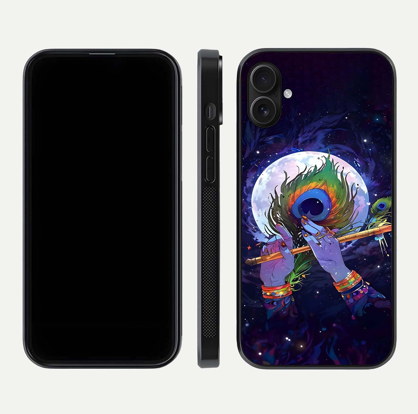 Krishna Hands Art Glass Case for iPhone 16 Plus front and back view layout displaying soft edges and spiritual tones
