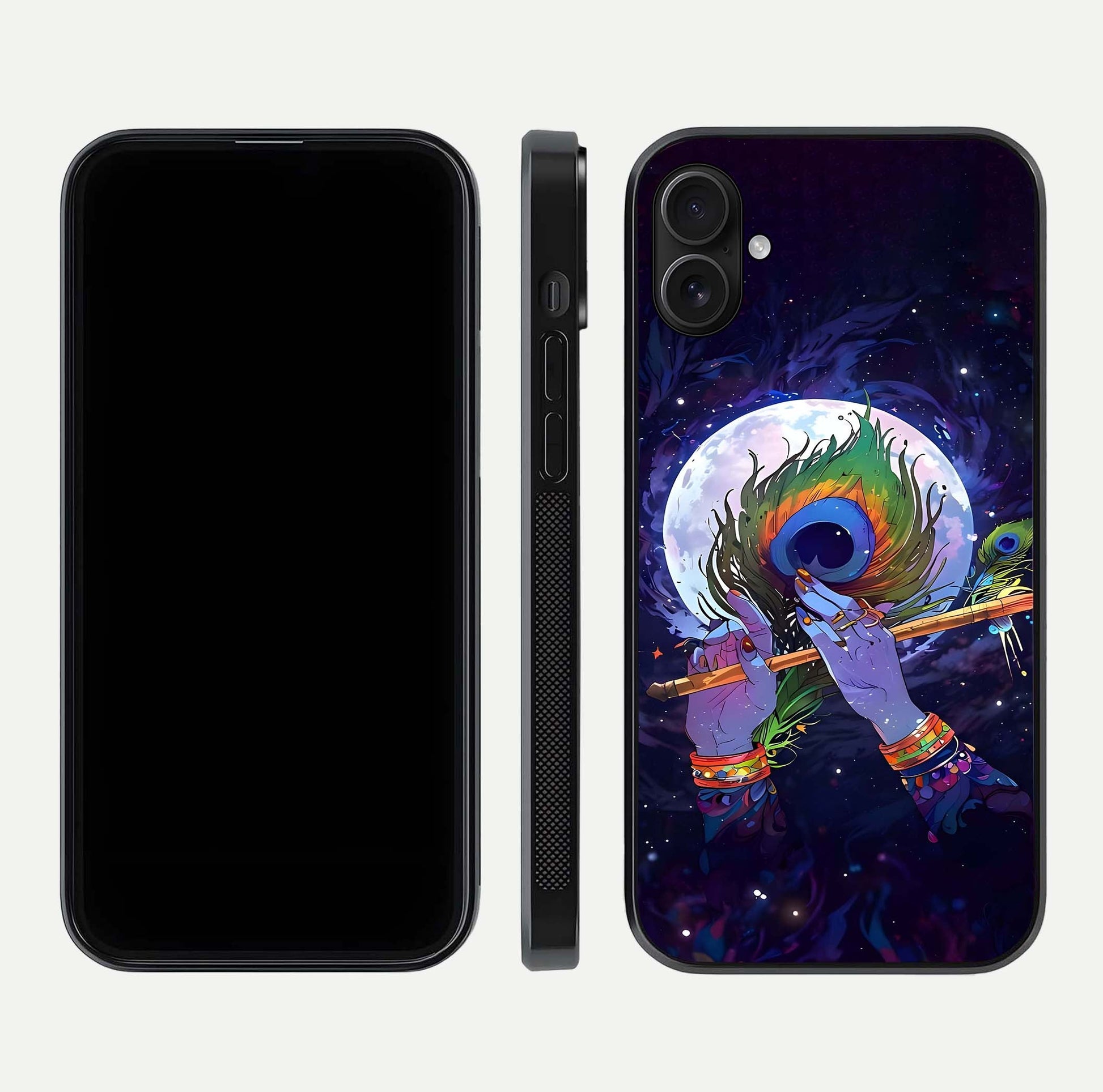 Krishna Hands Art Glass Case for iPhone 16 Plus front and back view layout displaying soft edges and spiritual tones