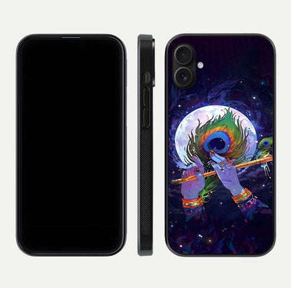 Krishna Hands Art Glass Case for iPhone 16 Plus front and back view layout displaying soft edges and spiritual tones