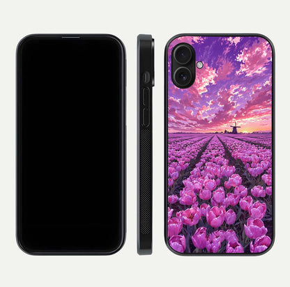 Lavender Dream Skies Glass Case for iPhone 16 Plus front and back view layout highlighting dreamy sky gradient