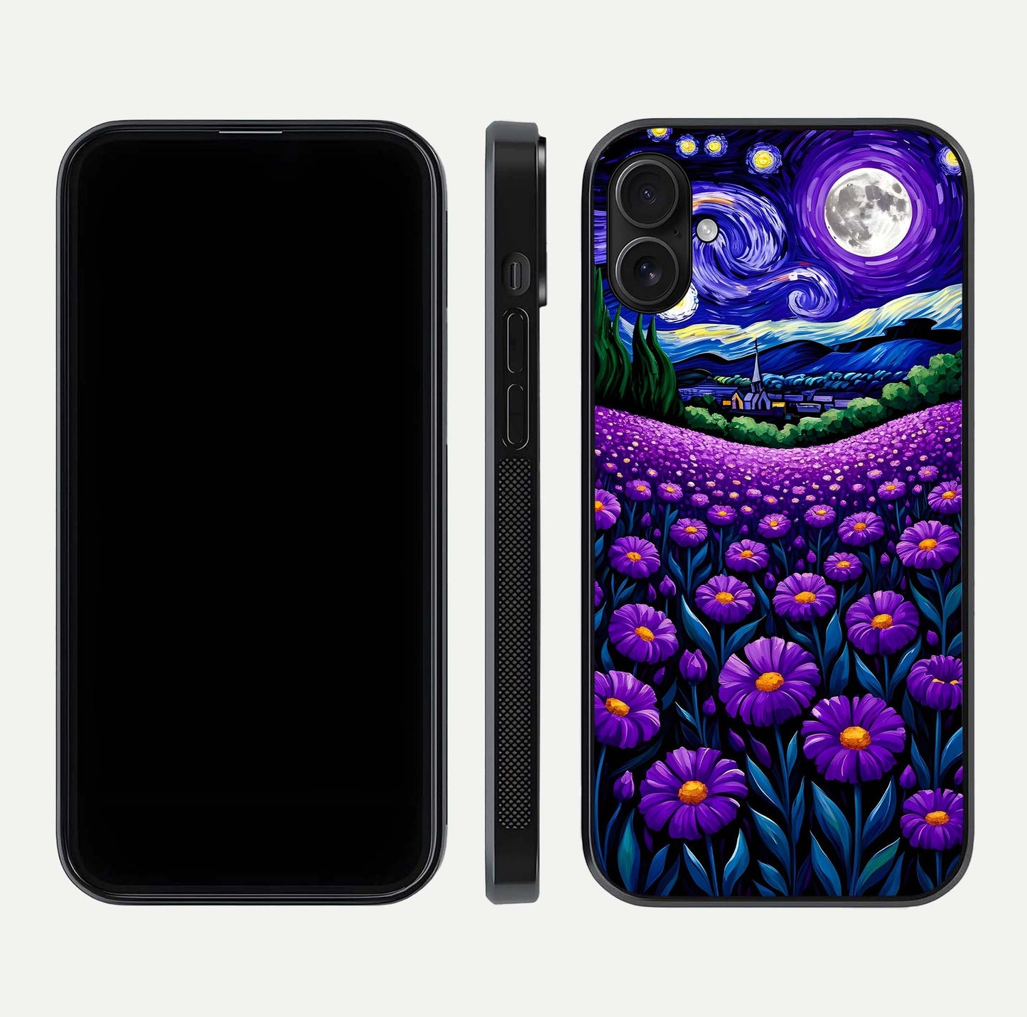 Lavender Moon Field Glass Case for iPhone 16 Plus front and back view layout with soft gradient and curved edges