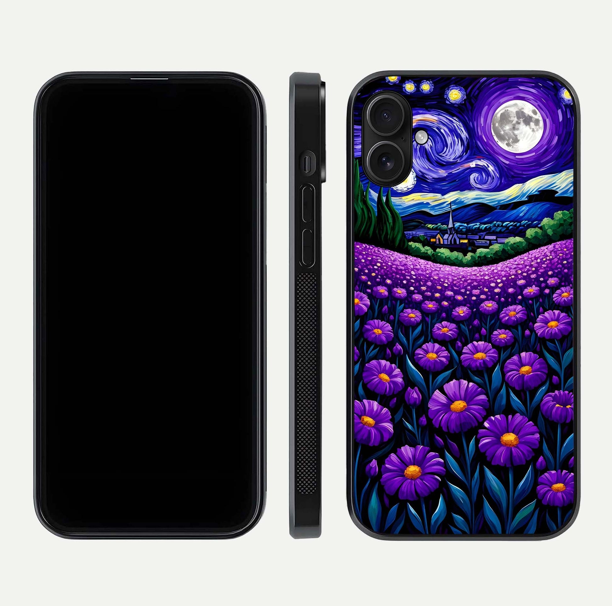 Lavender Moon Field Glass Case for iPhone 16 Plus front and back view layout with soft gradient and curved edges