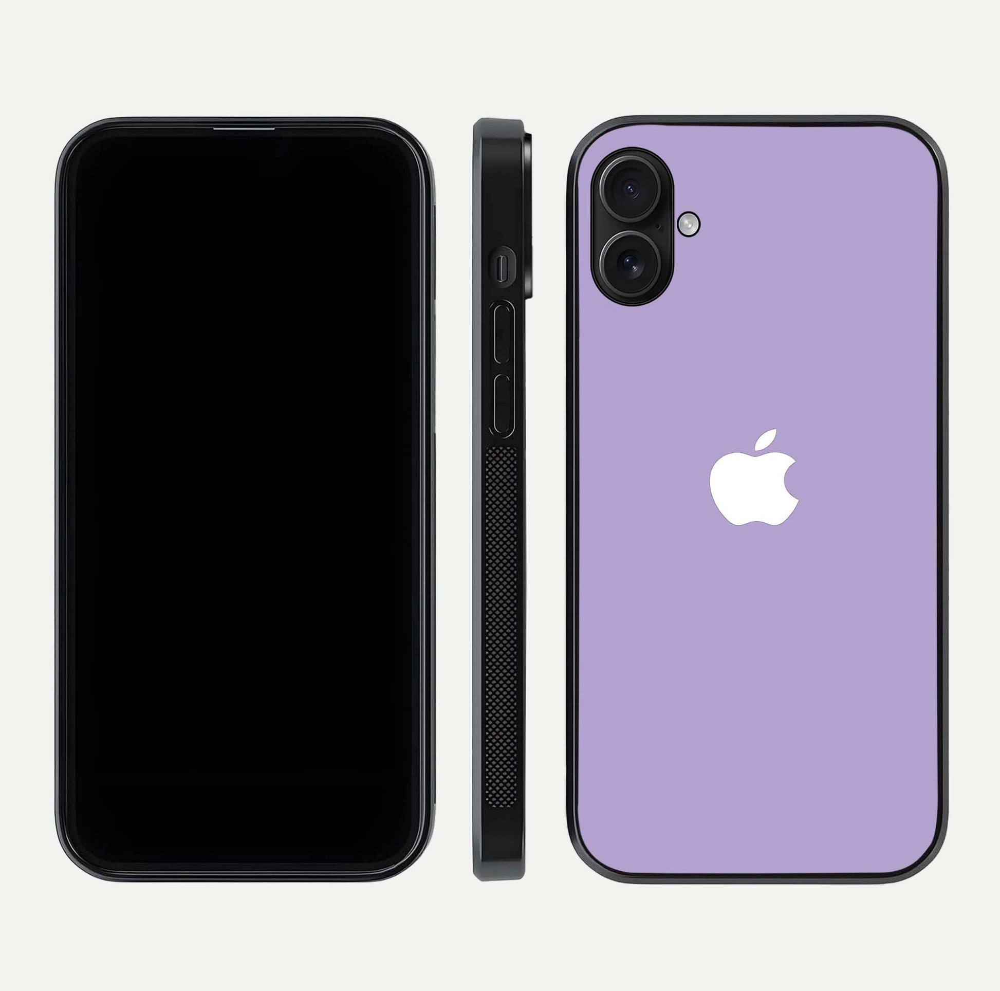 Lavender Soft Minimal Glass Case for iPhone 16 Plus front and back view layout highlighting soft hue and curved edges