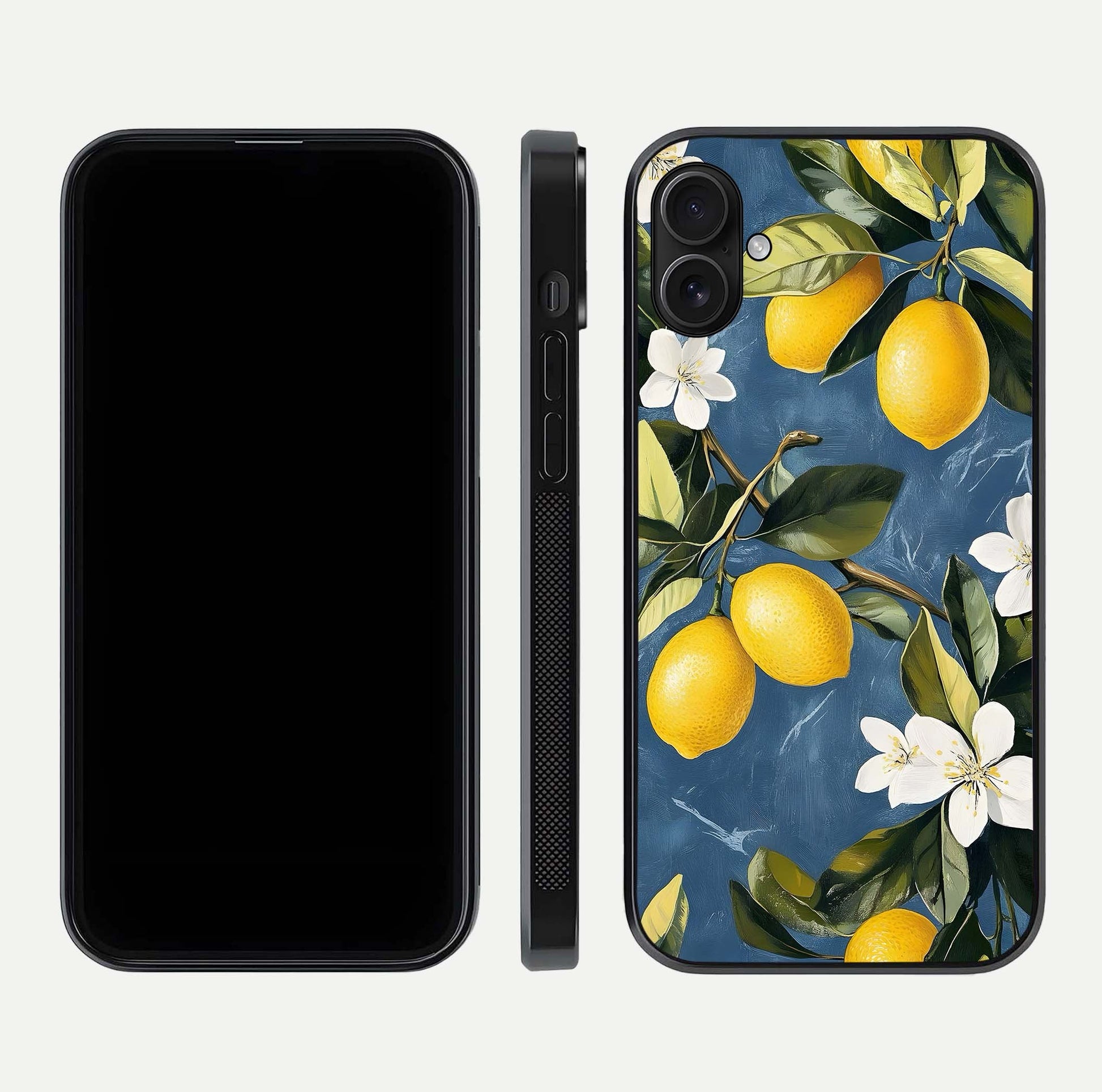 Lemon Dream Garden Glass Case for iPhone 16 Plus front and back view layout highlighting garden tones and edges