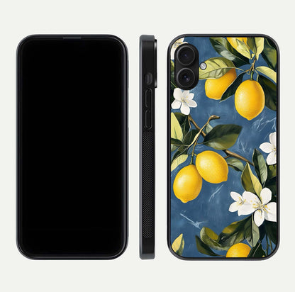 Lemon Dream Garden Glass Case for iPhone 16 Plus front and back view layout highlighting garden tones and edges