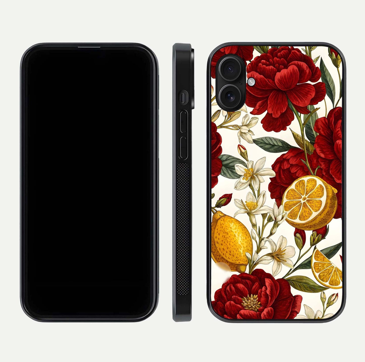 Lemon Rose Charm Glass Case for iPhone 16 Plus front & back layout highlighting soft yellow tones and curved edges