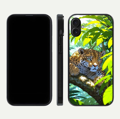 Leopard in Jungle Glass Case for iPhone 16 Plus front & back layout with premium edge detailing and vivid jungle art