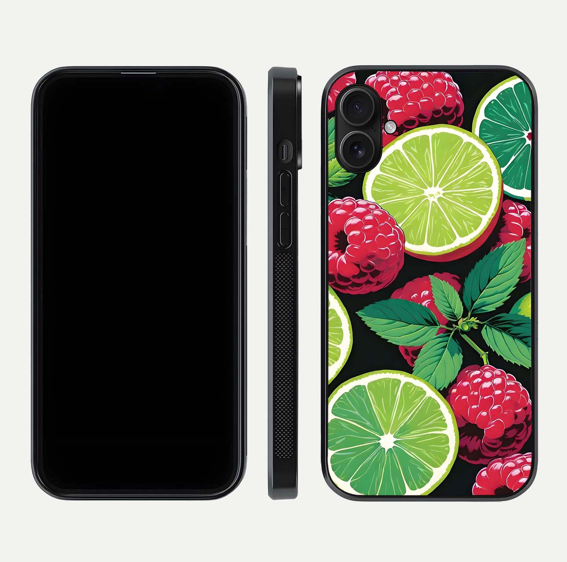Lime and Raspberry Pattern Glass Case for iPhone 16 Plus front & back layout highlighting fresh summer tones