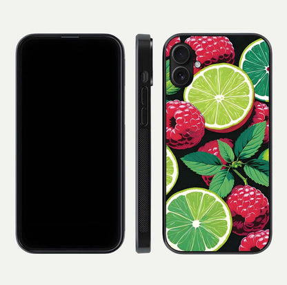 Lime and Raspberry Pattern Glass Case for iPhone 16 Plus front & back layout highlighting fresh summer tones