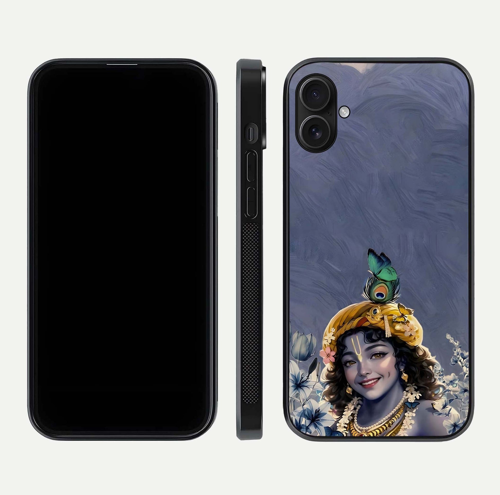 Lord Krishna Glass Case for iPhone 16 Plus front & back layout displaying soft tones and elegant edges