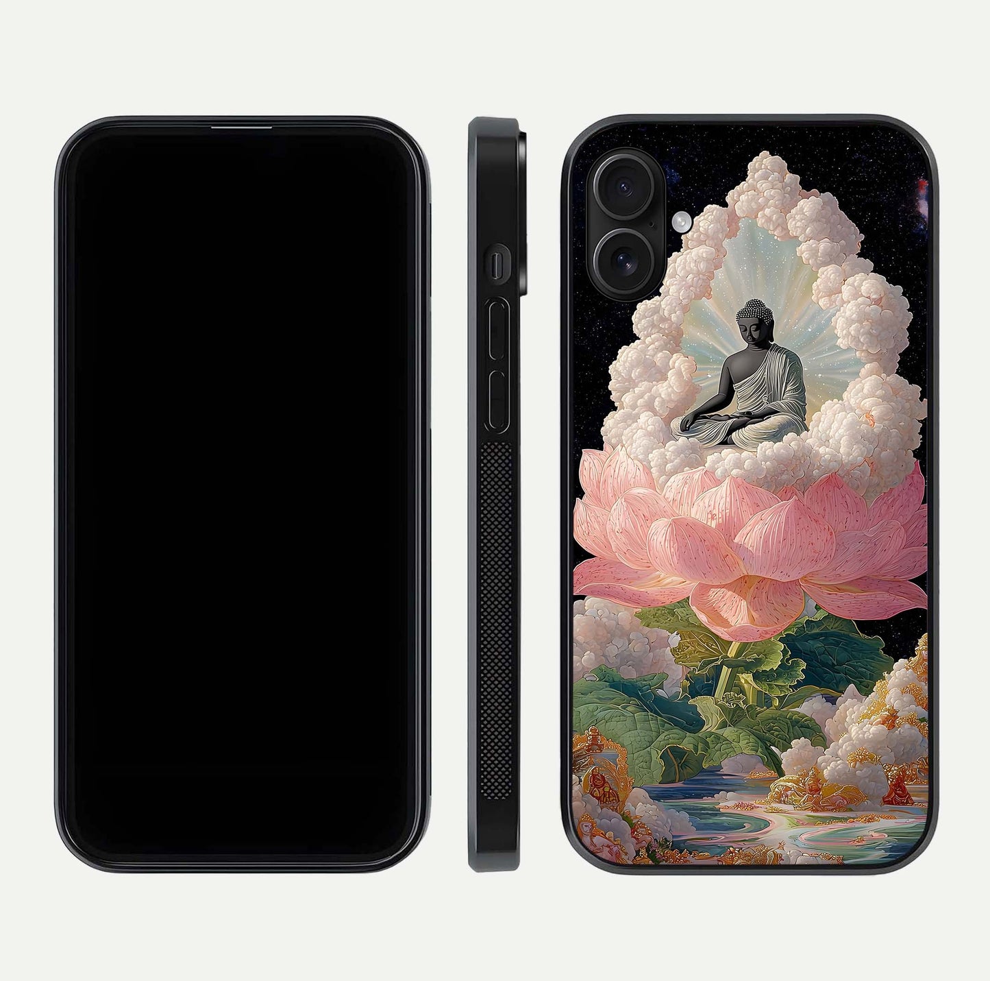 Lotus Divine Peace Glass Case for iPhone 16 Plus front & back layout highlighting soft pink hues and curved edges