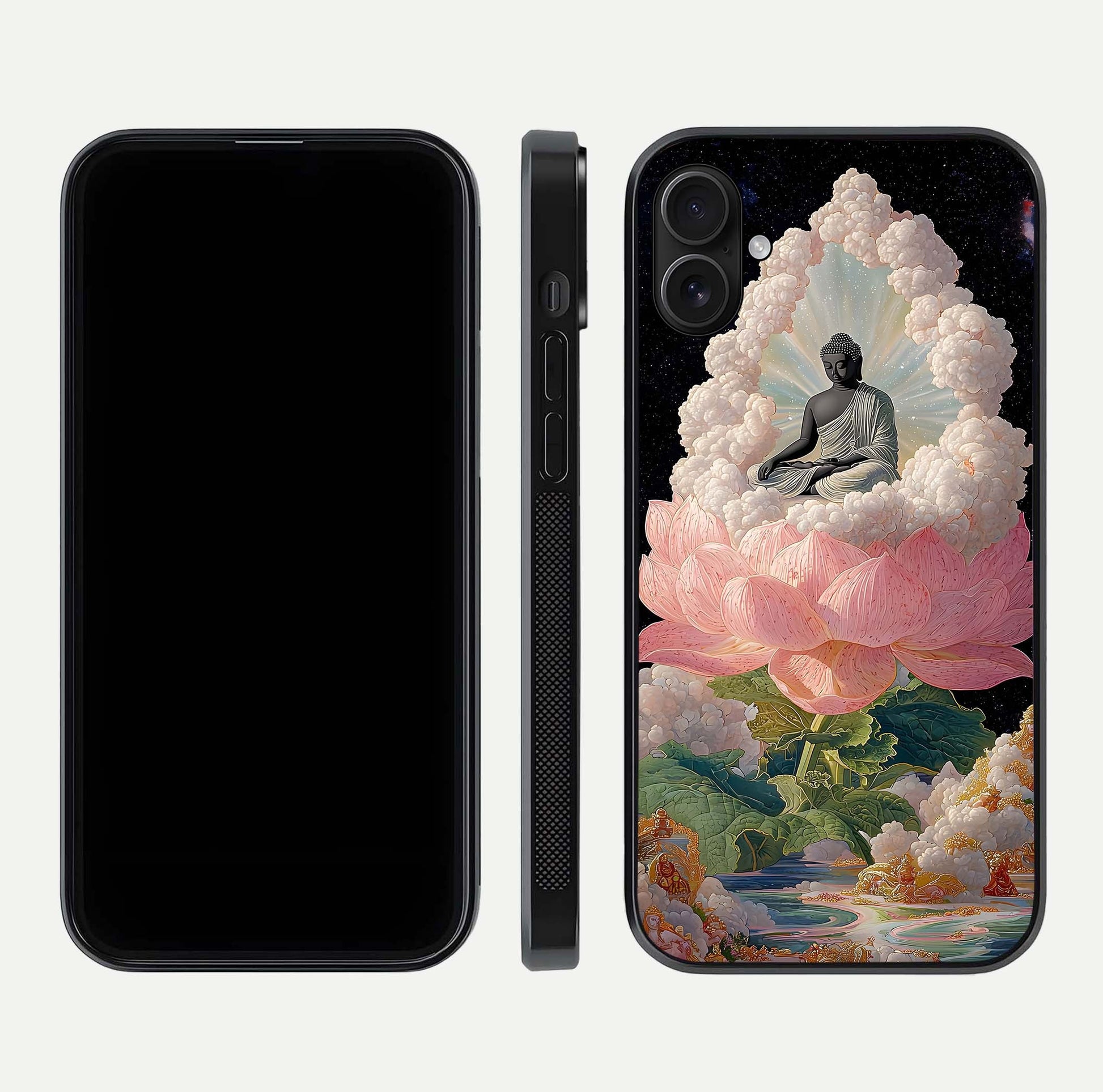 Lotus Divine Peace Glass Case for iPhone 16 Plus front & back layout highlighting soft pink hues and curved edges