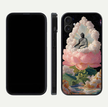 Lotus Divine Peace Glass Case for iPhone 16 Plus front & back layout highlighting soft pink hues and curved edges