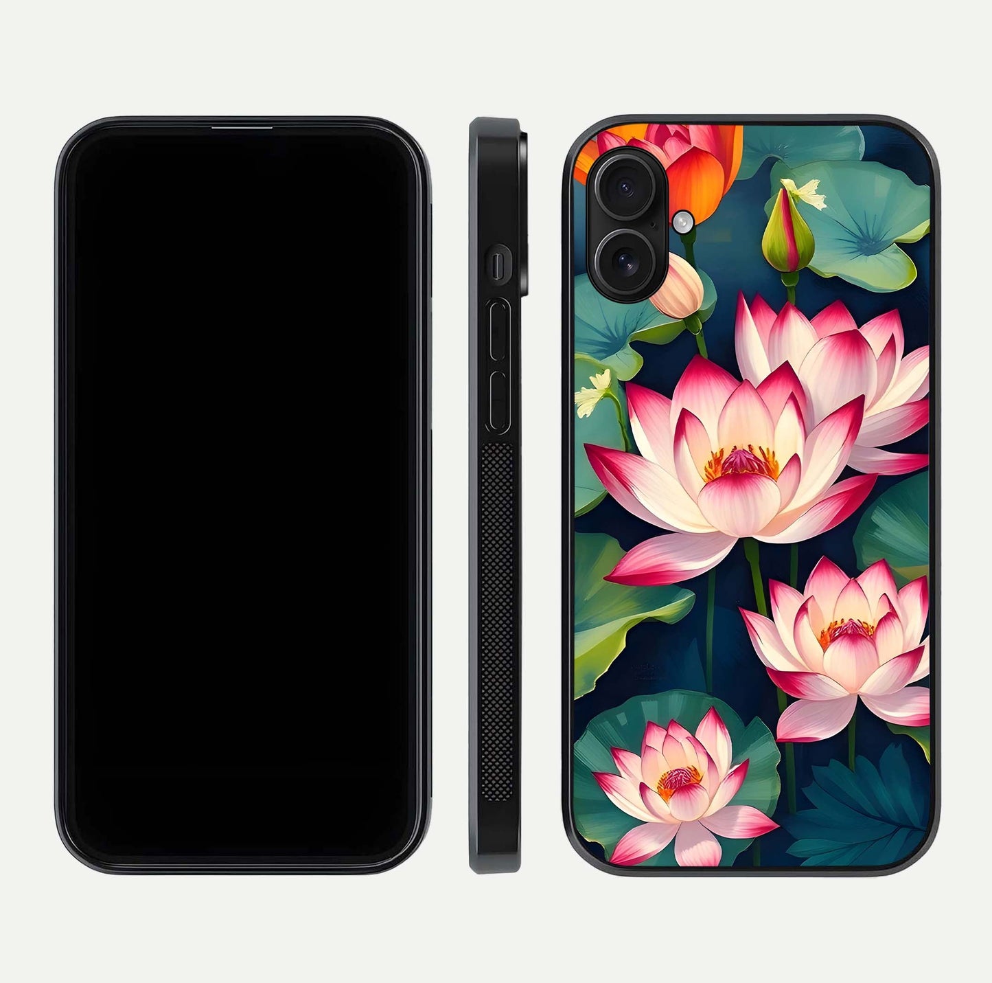 Lotus Dream Serenity Glass Case for iPhone 16 Plus front & back layout with elegant finish and edge curve