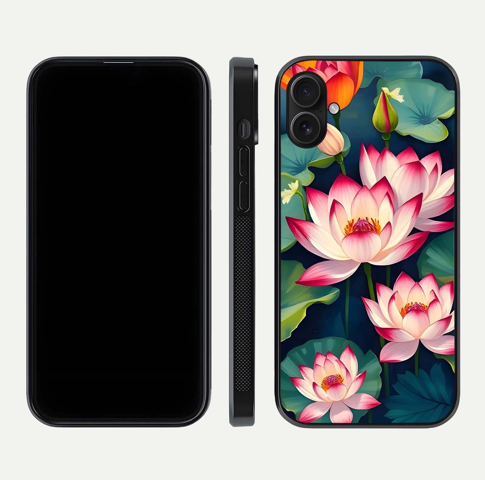 Lotus Dream Serenity Glass Case for iPhone 16 Plus front & back layout with elegant finish and edge curve