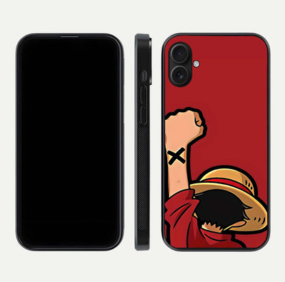 Luffy X Spirit Glass Case for iPhone 16 Plus front & back layout displaying anime theme and curved edges