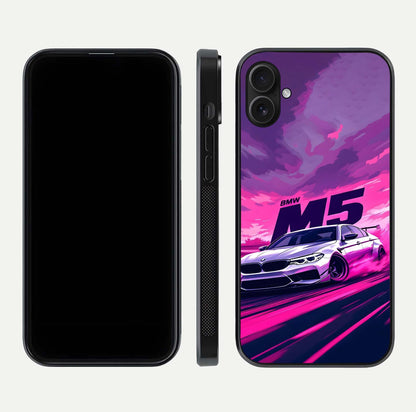 MS Neon Car Glass Case for iPhone 16 Plus front & back layout highlighting automotive art and curved design