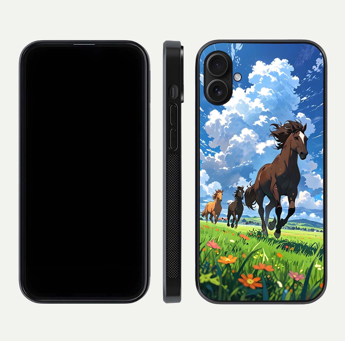 Majestic Horses Galloping Glass Case for iPhone 16 Plus front & back layout highlighting dynamic design and edges