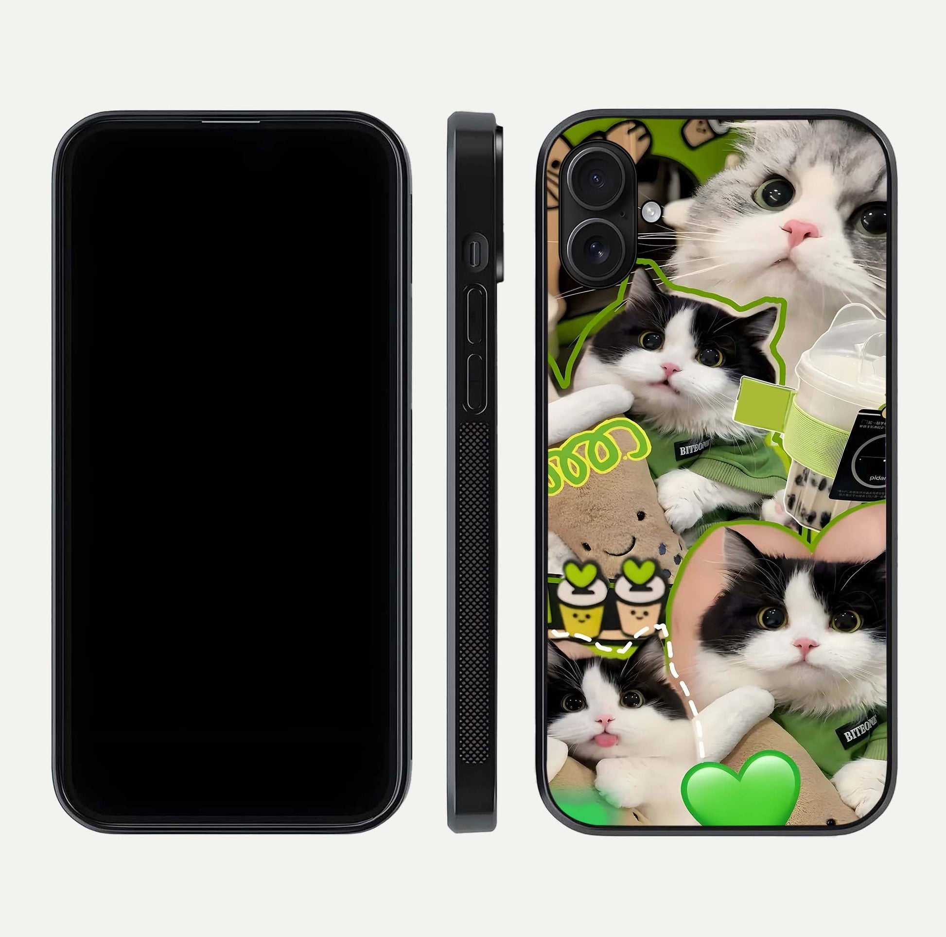 Matcha Cats Mood Glass Case for iPhone 16 Plus front & back layout highlighting cute theme and smooth edges