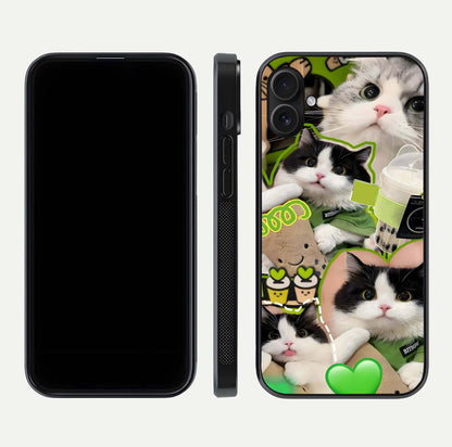 Matcha Cats Mood Glass Case for iPhone 16 Plus front & back layout highlighting cute theme and smooth edges